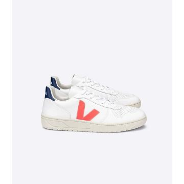 Women's Veja V-10 LEATHER Sneakers White/Orange/Blue | ZA 646JPQ